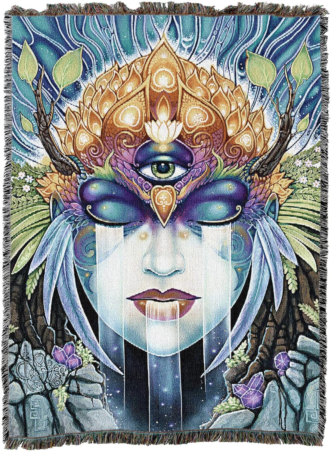 Tapestry blanket, art by Ravynne Phelan. Face with third eye, leaves, lotus, flowers, feathers and crystals below - Gaia, Mother Earth.