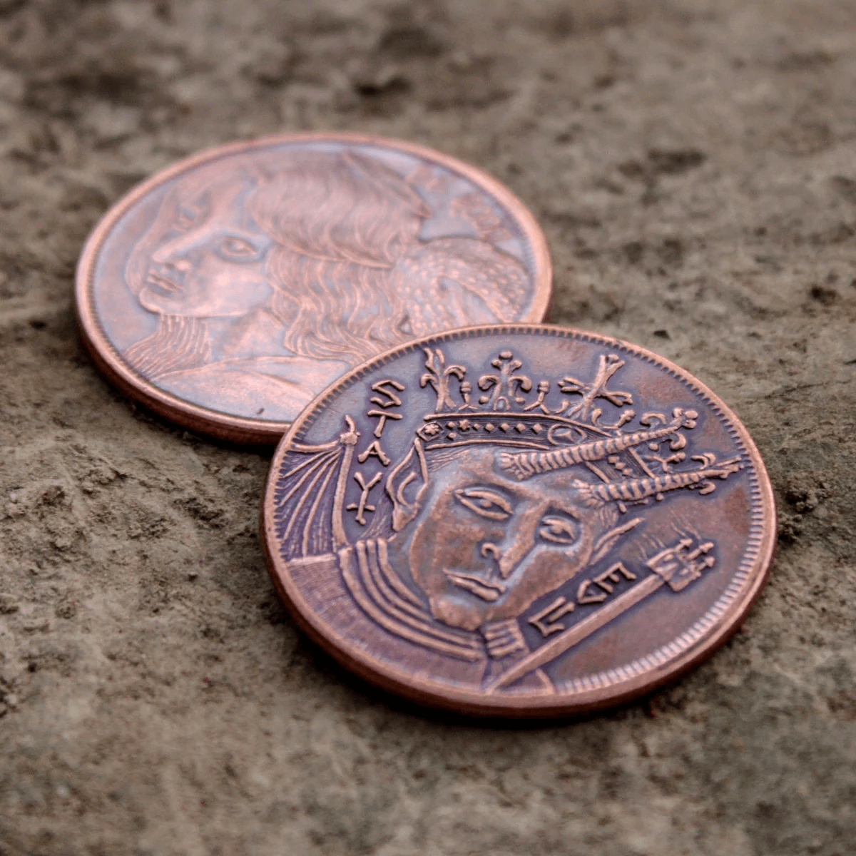 Be Good or Stay Evil copper coin - both sides shown