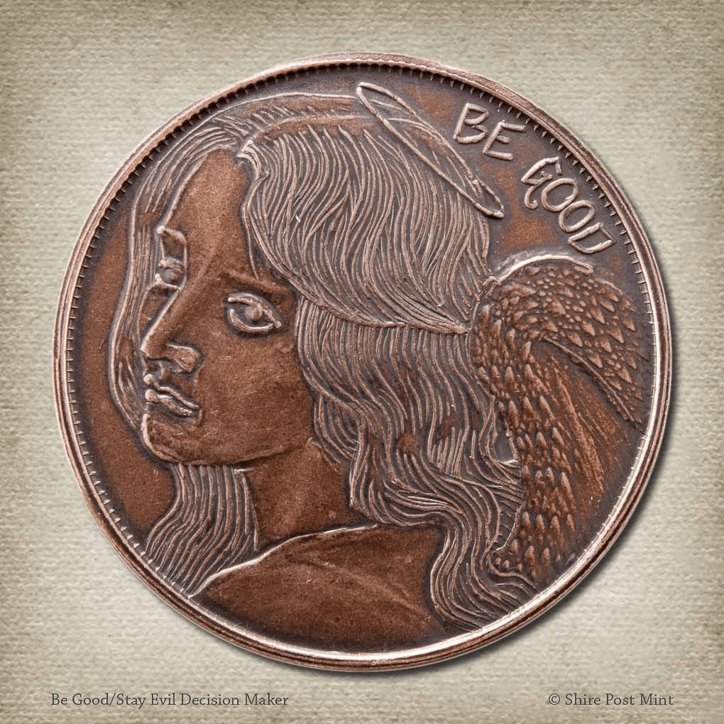 Be Good or Stay Evil copper coin - good side with haloed angel