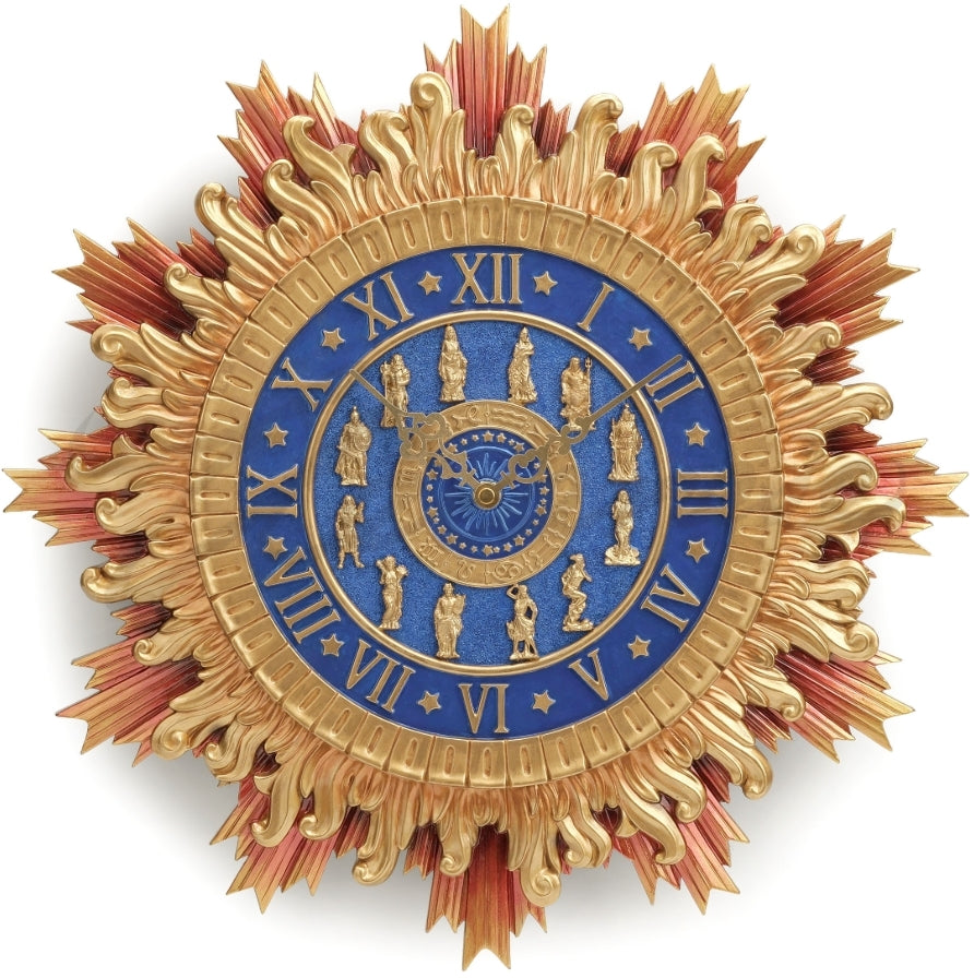 Decorative clock with gold and blue Greek pantheon design