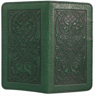 Leather checkbook holder with Celtic knot hound design in green color