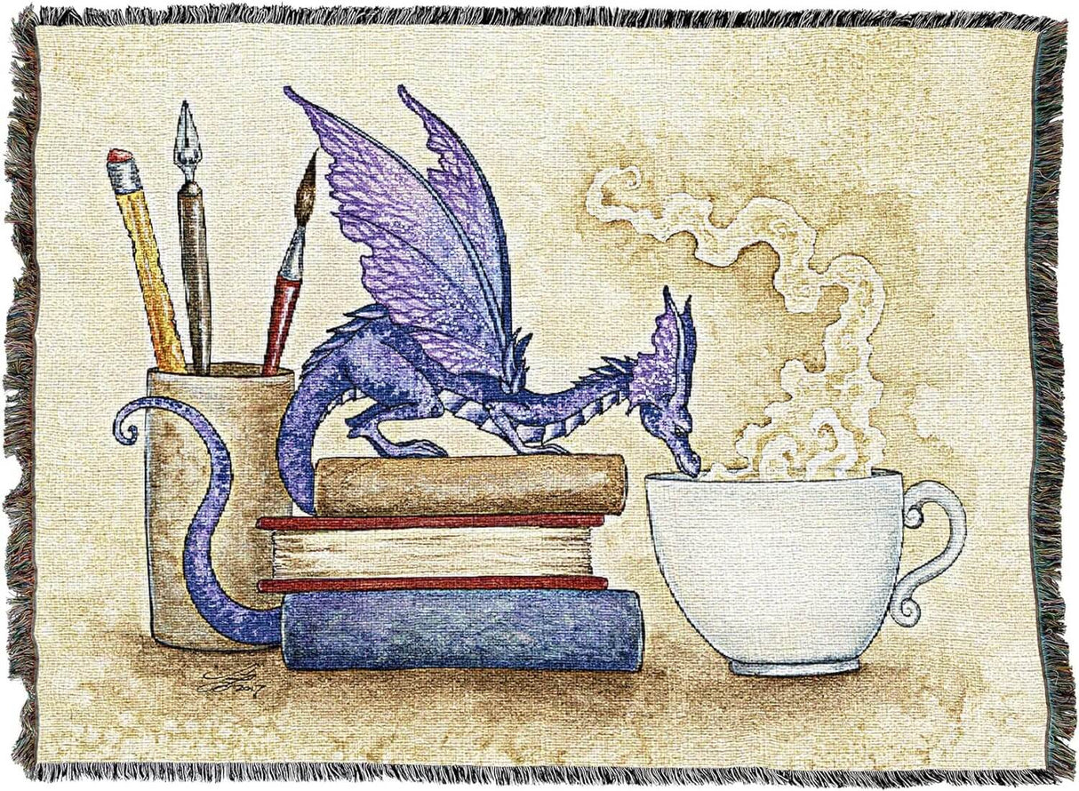 Tapestry blanket, art by Amy Brown, purple dragon on bookstack drinking from steaming mug, nearby cupholder with paintbrush, pen and pencil