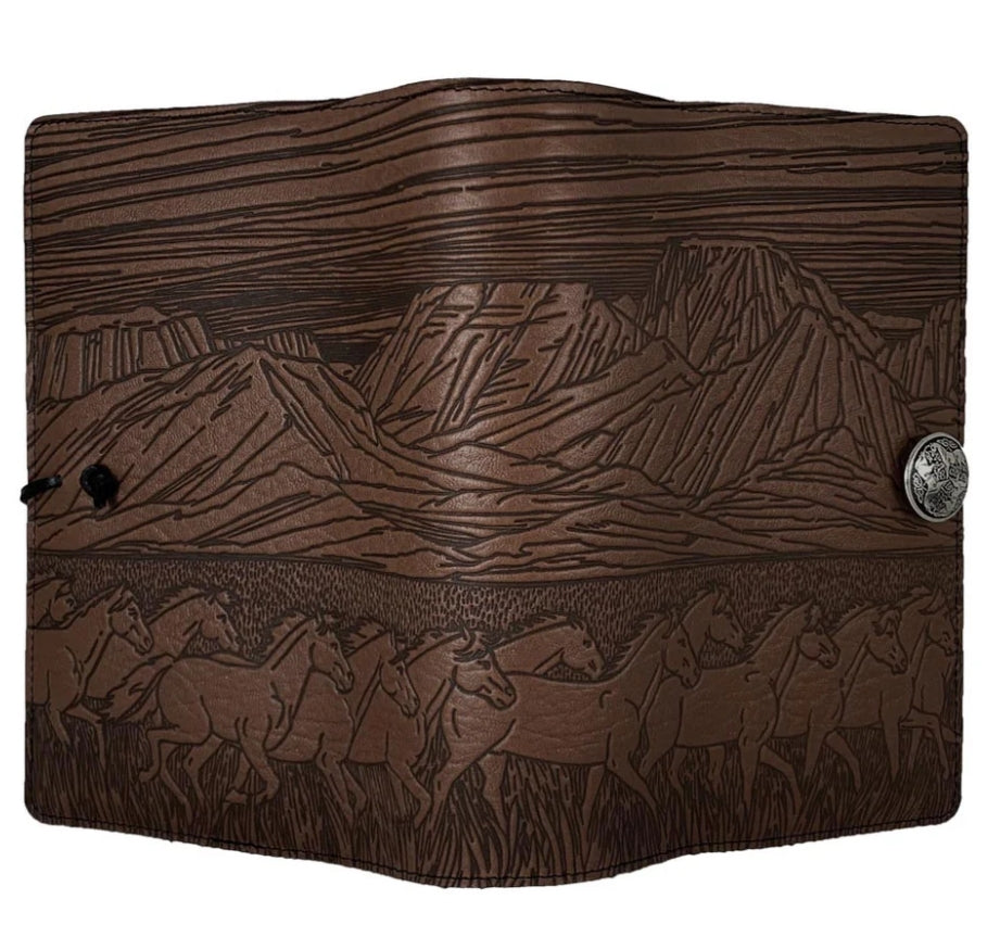Chocolate brown leather journal with horses and mountains cover to cover