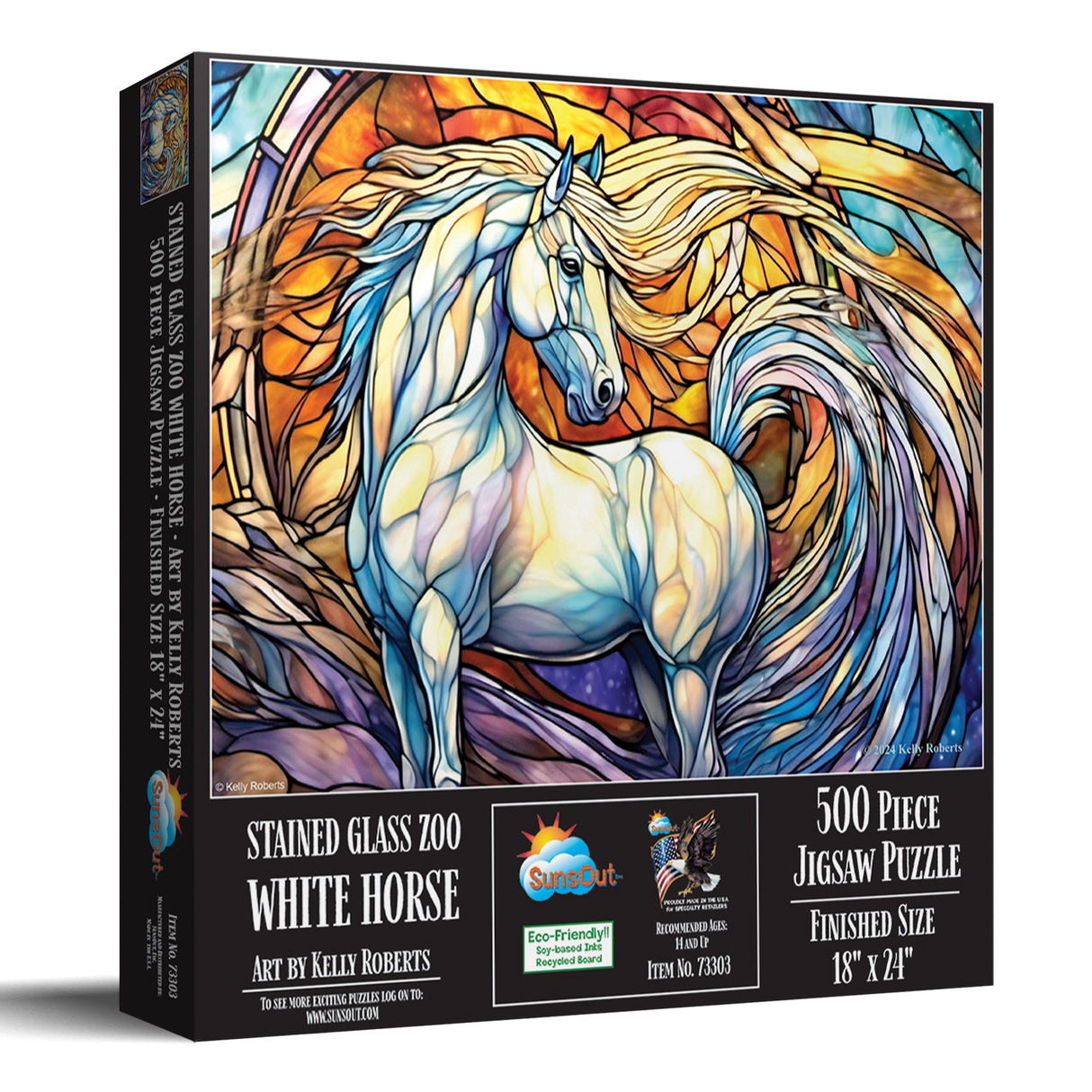 Jigsaw puzzle box with a colorful design of a white horse, featuring stained glass art style.
