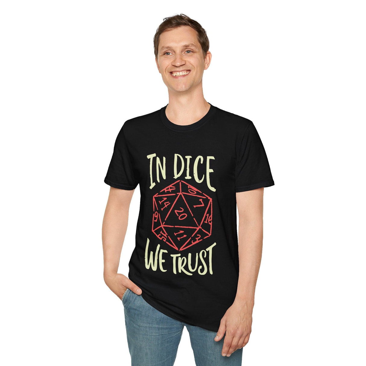 Person wearing black t-shirt with a red dice graphic and 'In Dice We Trust' text