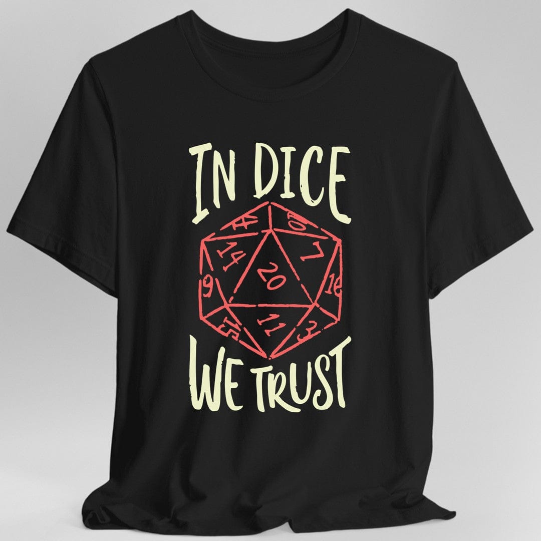 Black t-shirt with a red dice graphic and 'In Dice We Trust' text