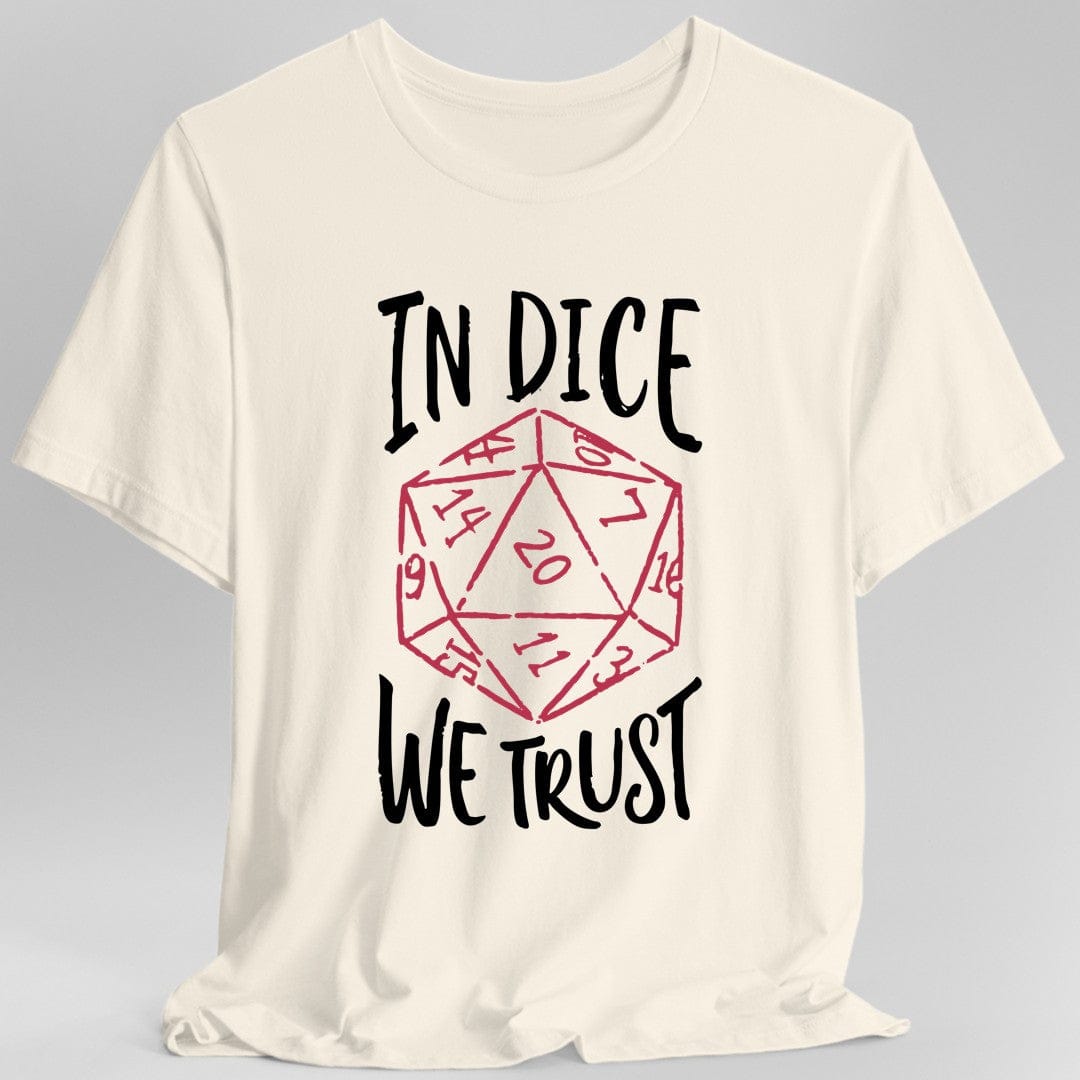White t-shirt with a red dice graphic and 'In Dice We Trust' text