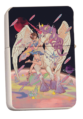 Lighter featuring a fairy and unicorn hanging out in space with planets and crystals
