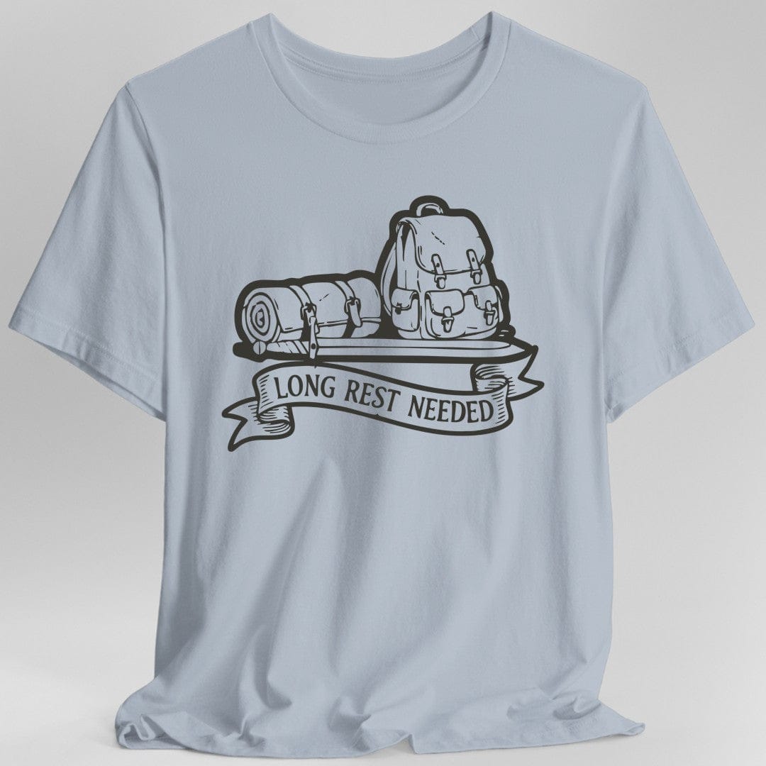 Light blue t-shirt with a backpack, sword and sleeping bag graphic and 'Long Rest Needed' text