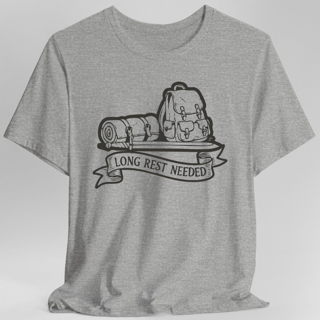 Gray t-shirt with a backpack, sword and sleeping bag graphic and 'Long Rest Needed' text