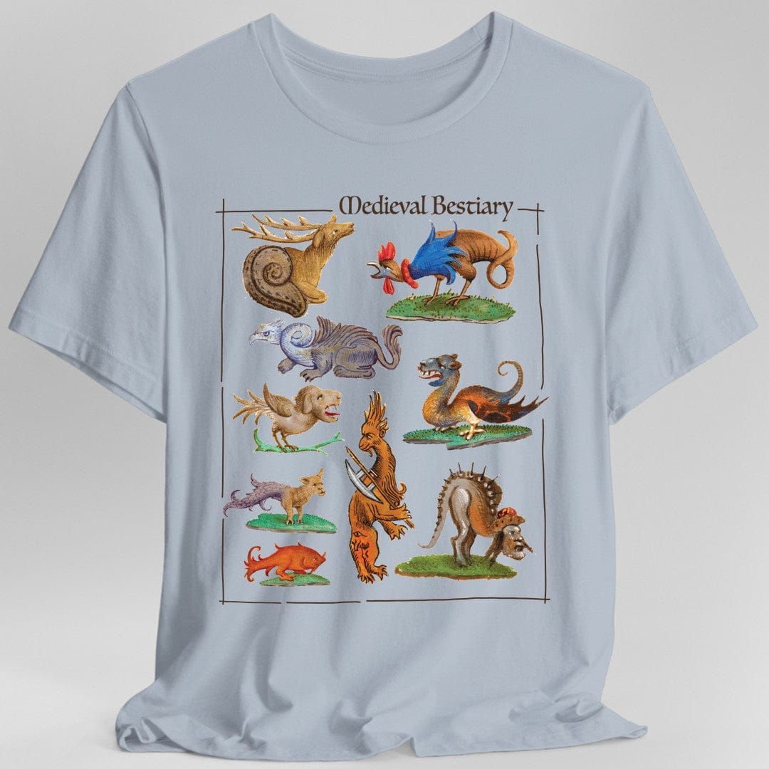 Light blue t-shirt with colorful illustrations of medieval bestiary animals