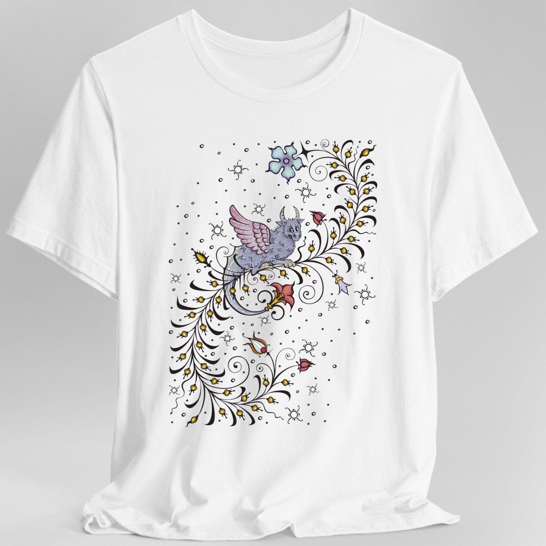 White t-shirt with a medieval manuscript dragon and floral design