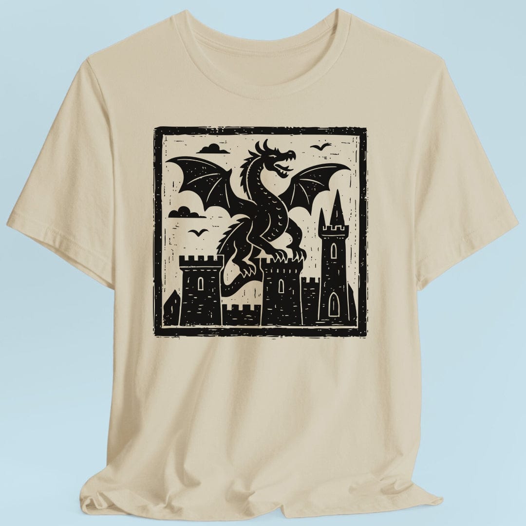 Sand/tan t-shirt with a black dragon and castle graphic