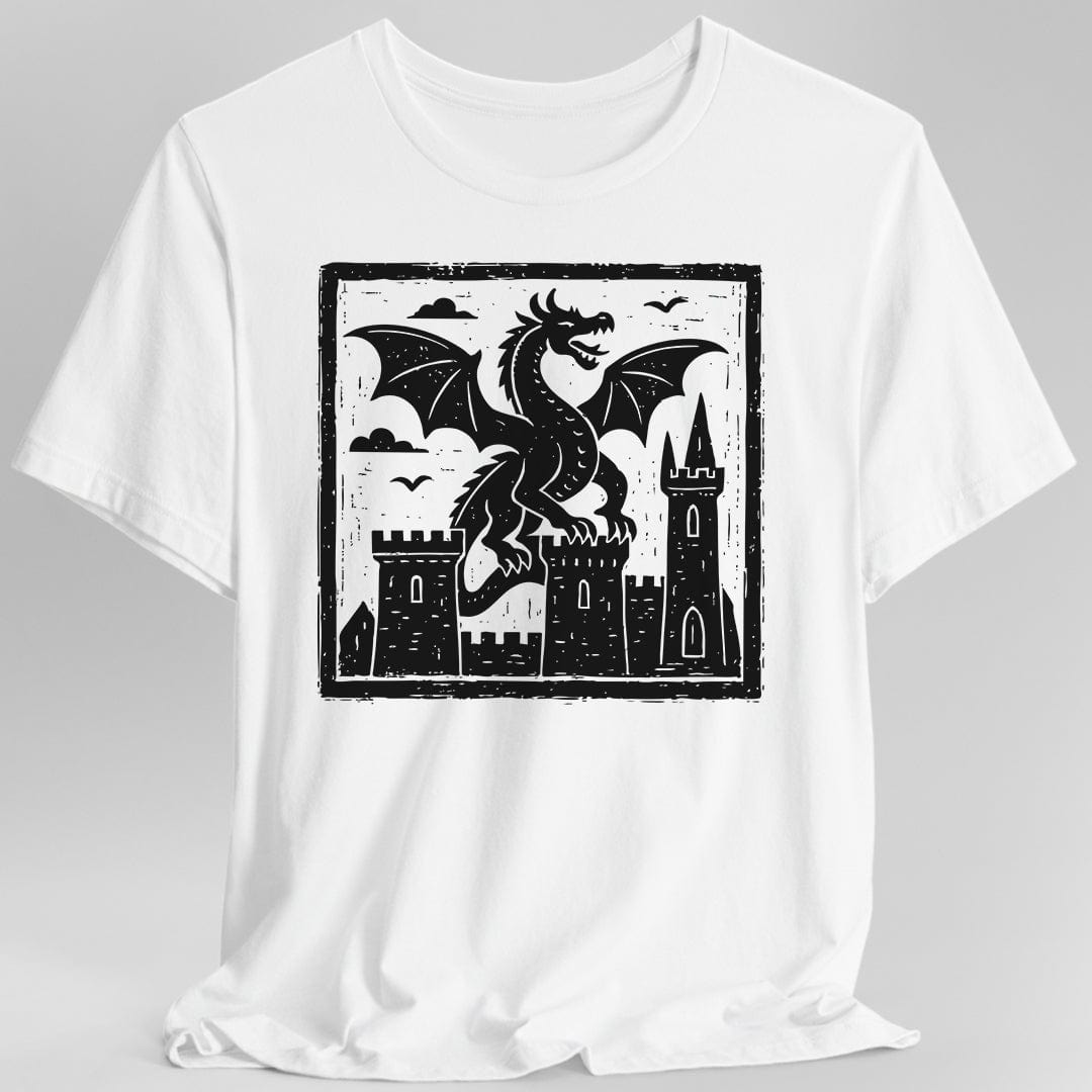 White t-shirt with a black dragon and castle graphic