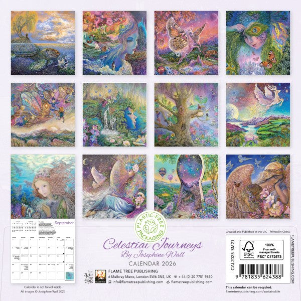 Calendar back cover with colorful illustrations of celestial beings and landscapes, featuring the brand