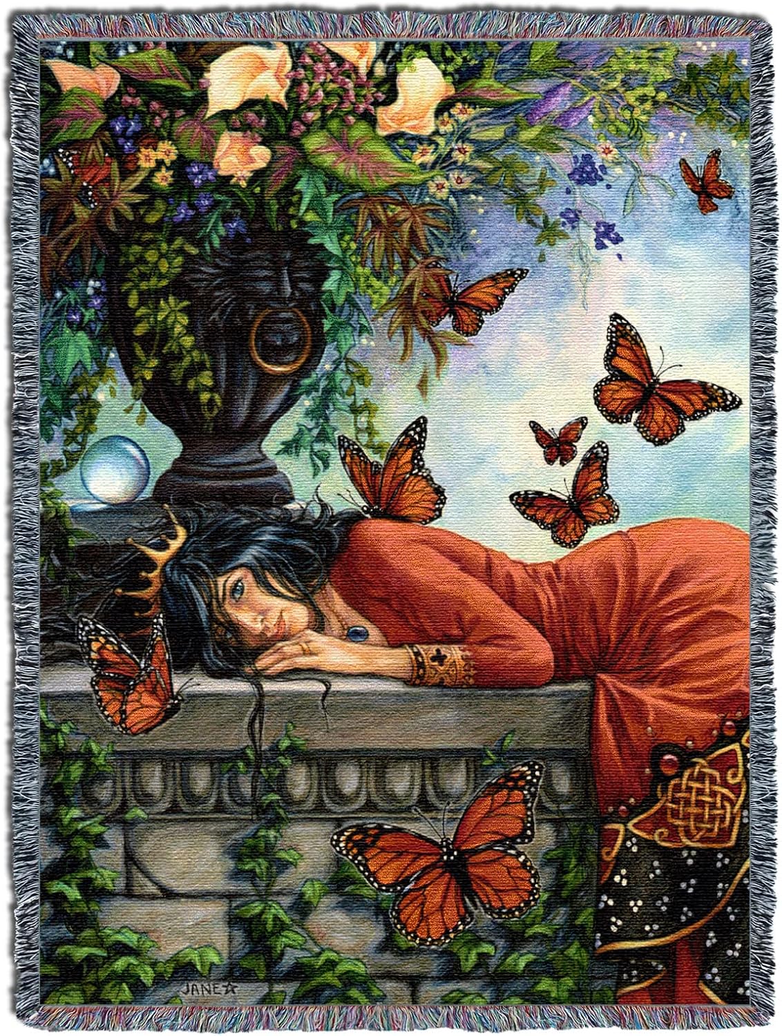 Tapestry blanket with woman with black hair and gold crown in red-orange dress on stone slab, surrounded by flowers and monarch butterflies, art by Jane Starr Weils