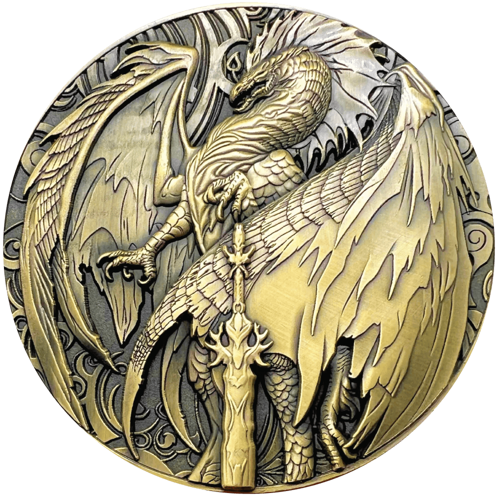 Netherblade gold hued coin by Ruth Thompson with a dragon and sword