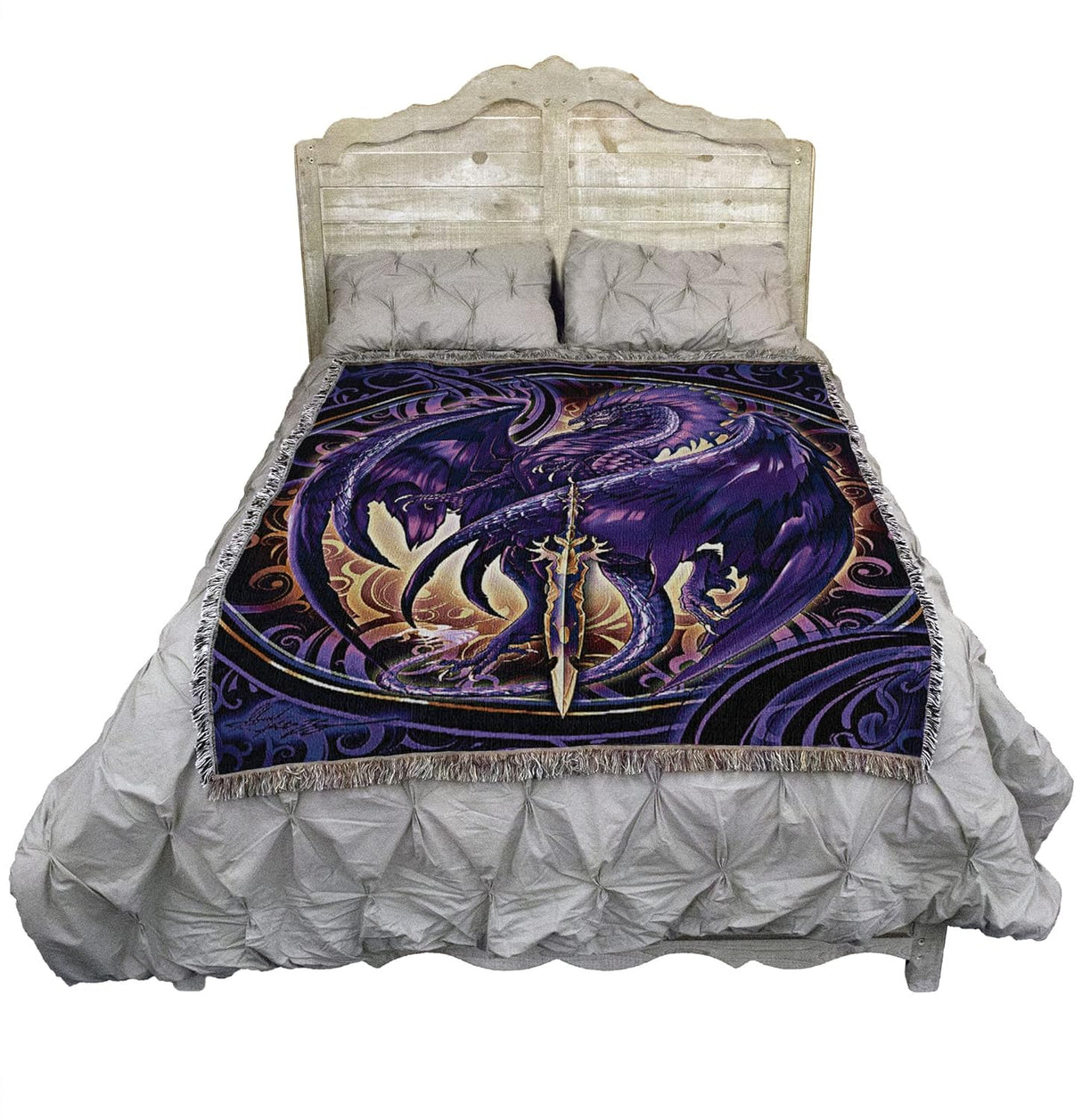 Tapestry blanket of Nether Blade, purple dragon with gold accented sword, background of swirls, shown on a bed