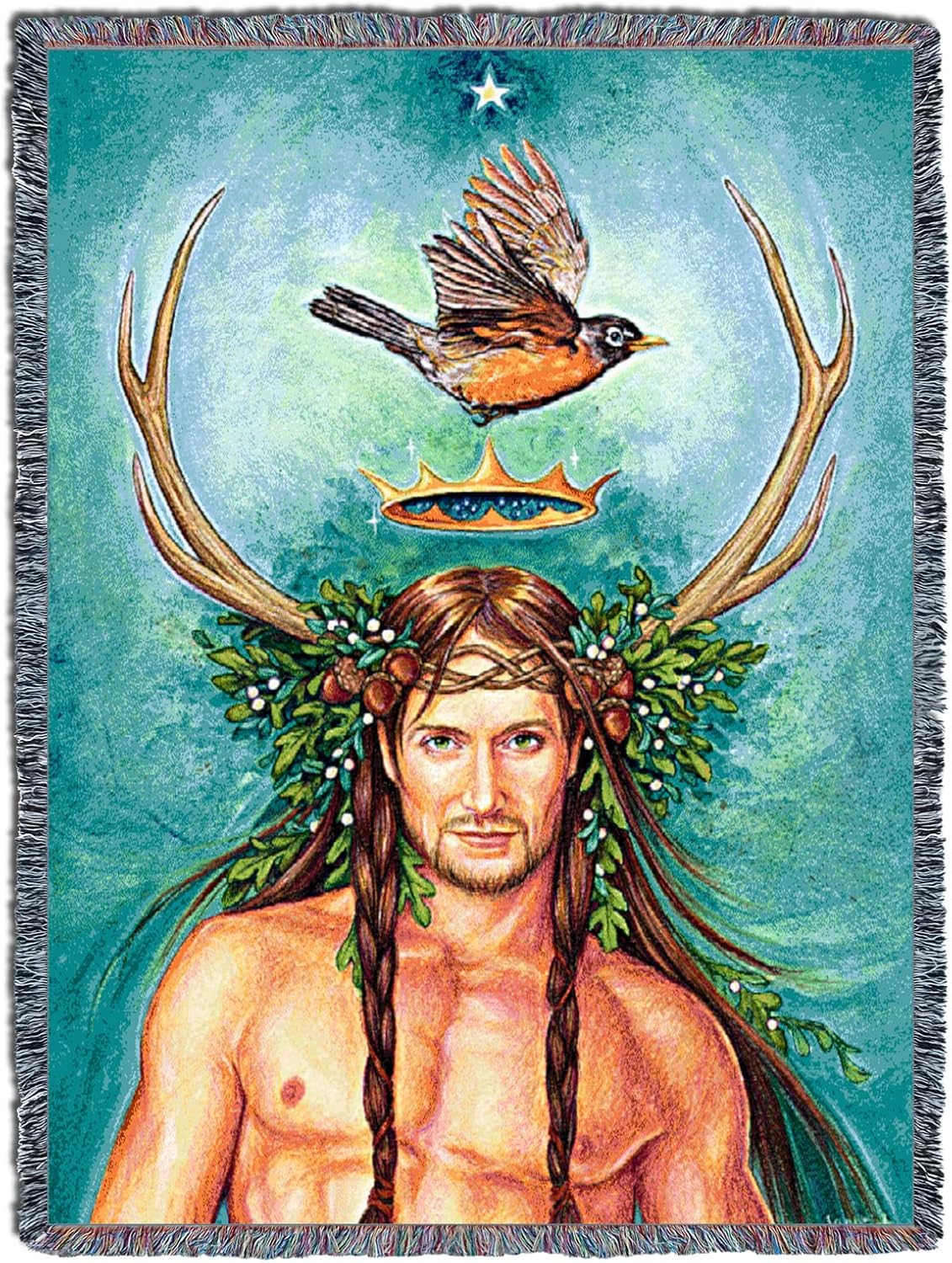 Tapestry blanket, art by Jane Starr Weils. The Oak King/Greenman/Cernunnos with antlers, oak leaves and acorns in hair, braids, shirtless. Robin above with a crown