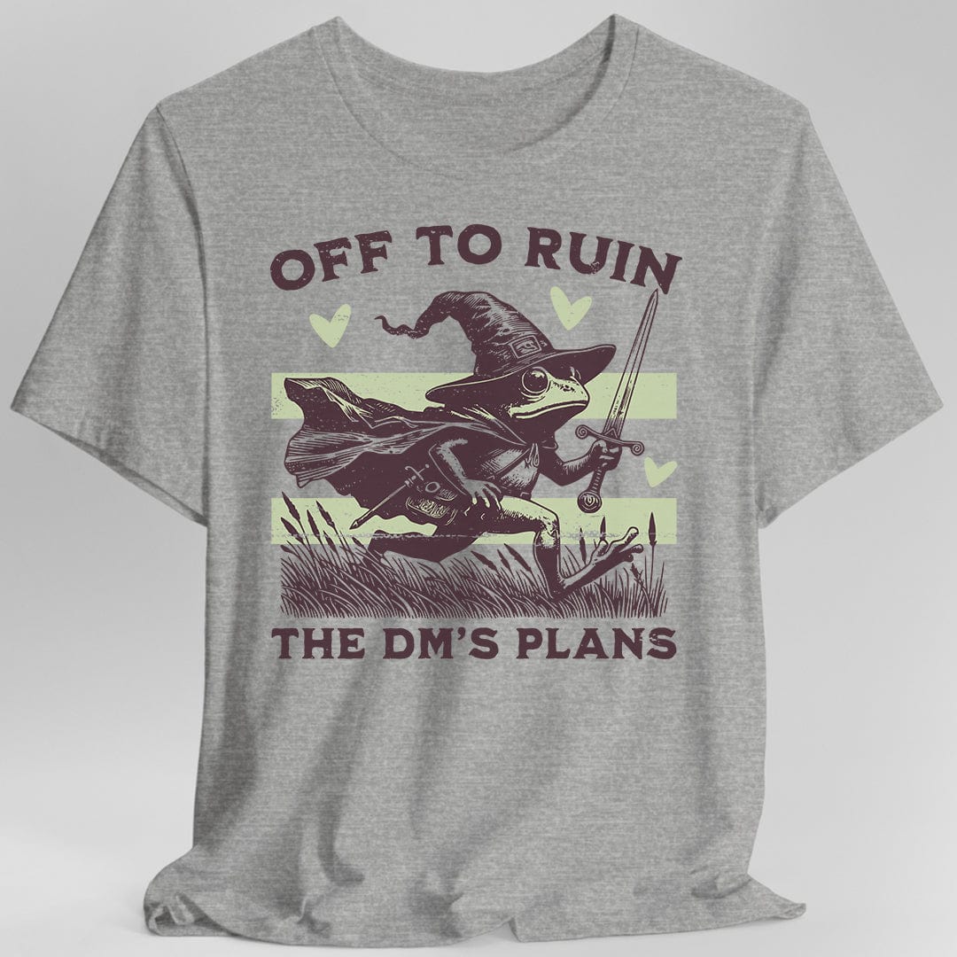Gray T-shirt with a graphic of a frog in a wizard hat holding a sword, text 'Off to ruin the DM's plans'