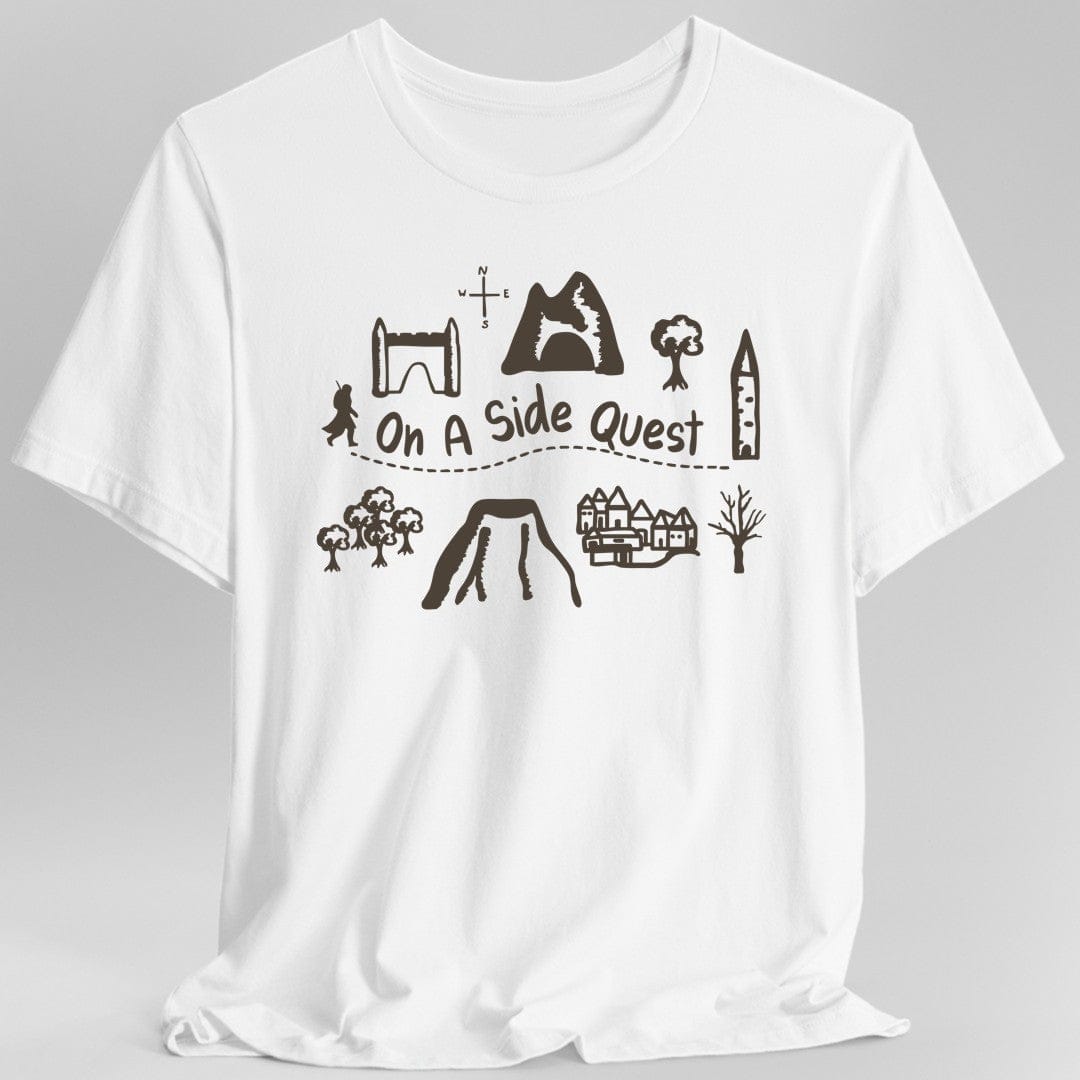 White t-shirt with adventuring graphics and the phrase "On A Side Quest"