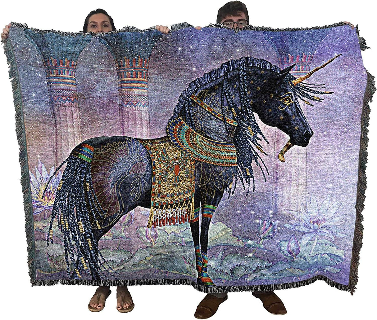 Osirus unicorn tapestry blanket held up by two adults to show large size