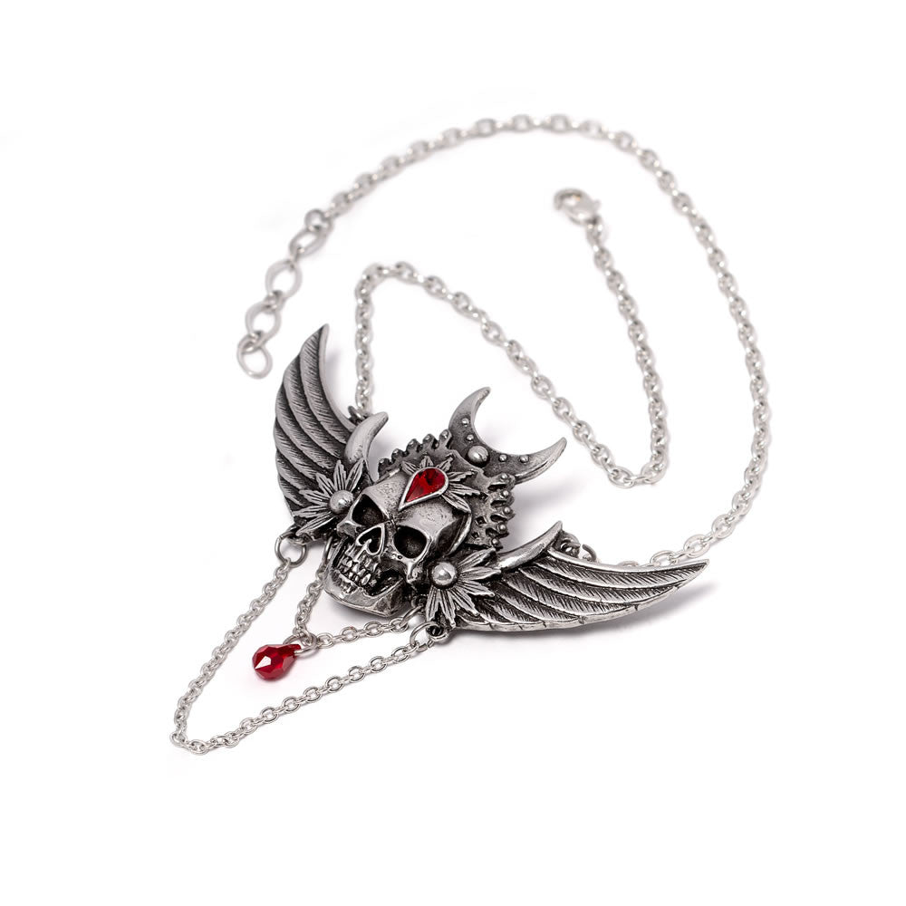 Pewter necklace with skull and wing design on a white background