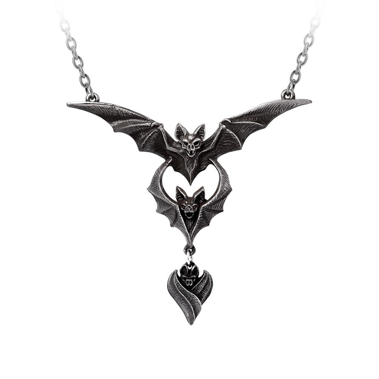 pewterbat-shaped necklace on a white background