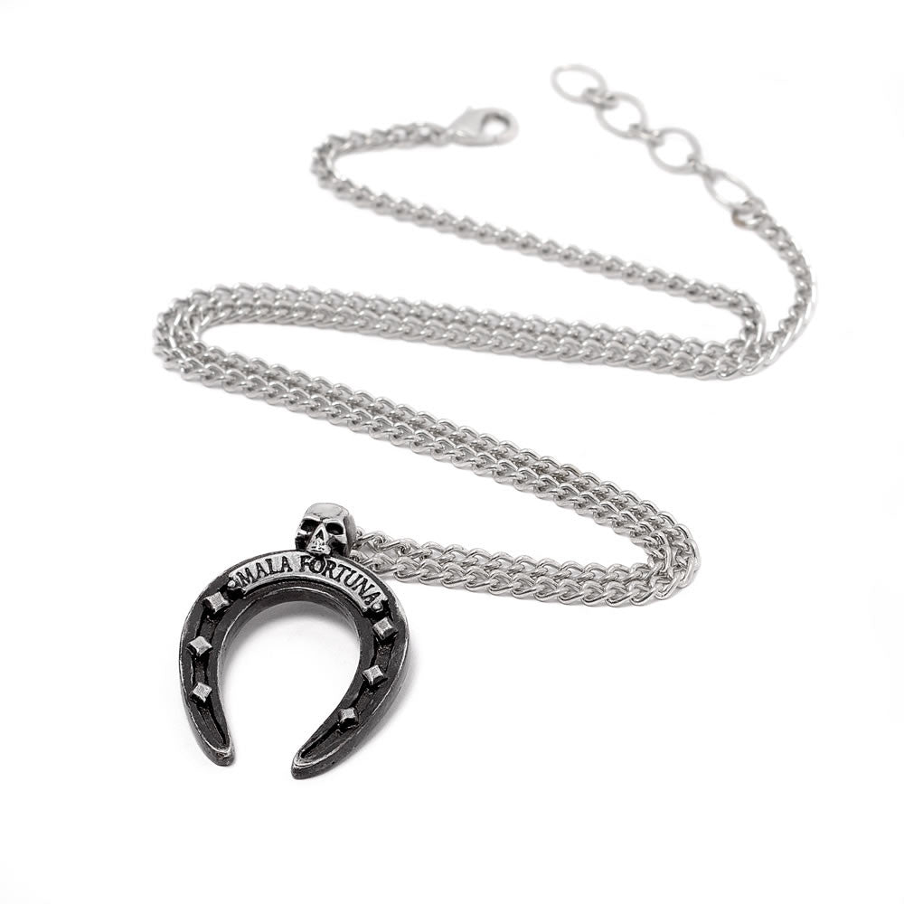 Horseshoe-shaped pendant with 'Mala Fortuna' text and a small skull at the top, on a silver-hued chain
