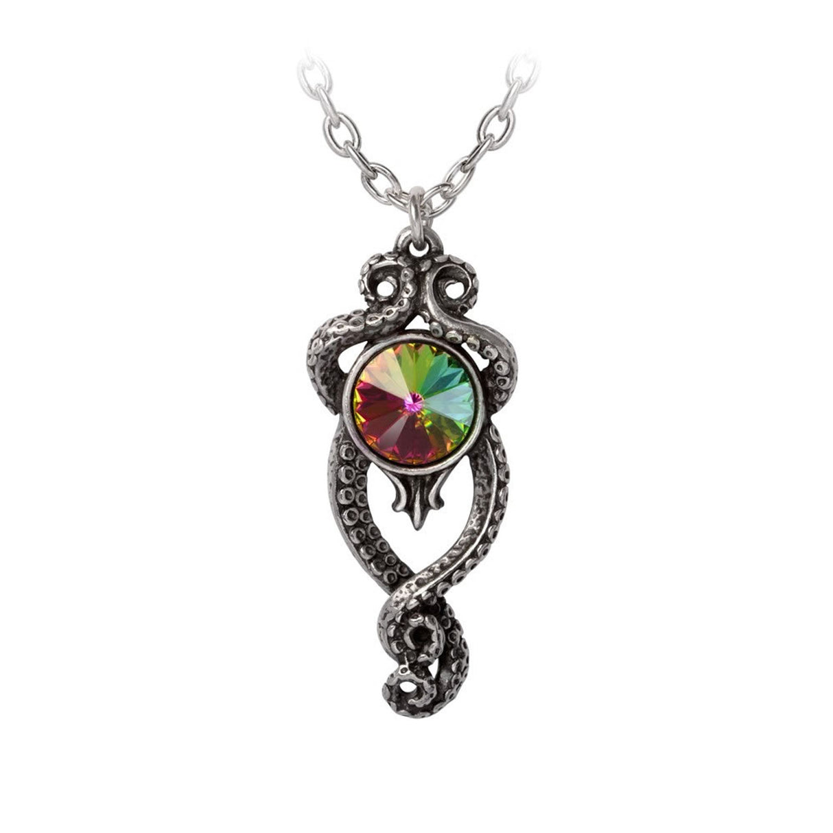 Pendant necklace with rainbow Austrian crystal and pewter tentacles wrapped around