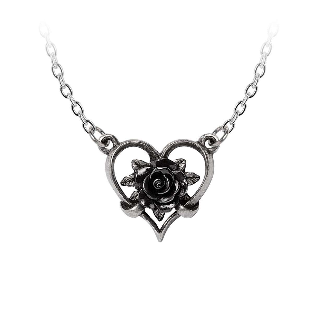 Pewter heart pendant with black rose on a chain