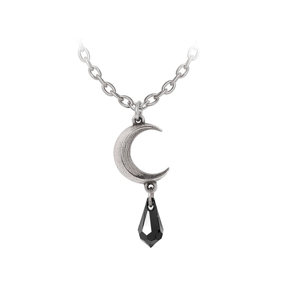 Pendant necklace with pewter crescent moon charm and crystal dropper in black
