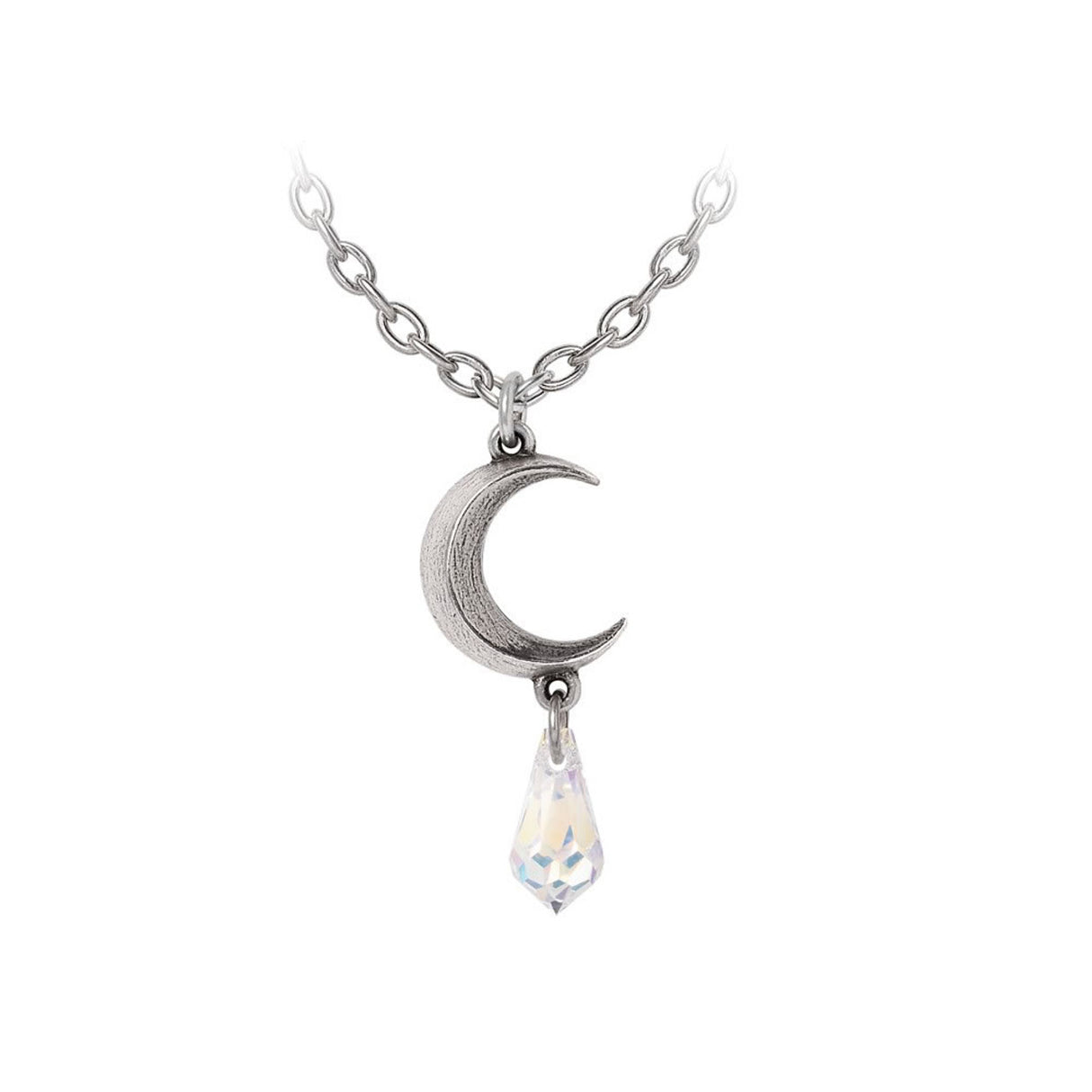Pendant necklace with pewter crescent moon charm and crystal dropper in clear