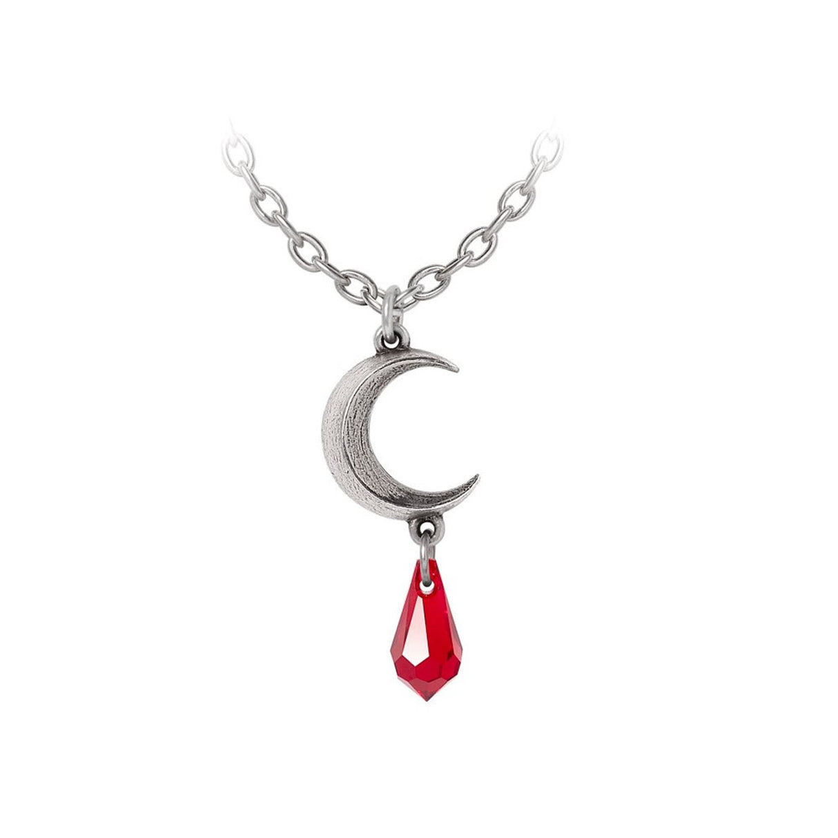 Pendant necklace with pewter crescent moon charm and crystal dropper in red