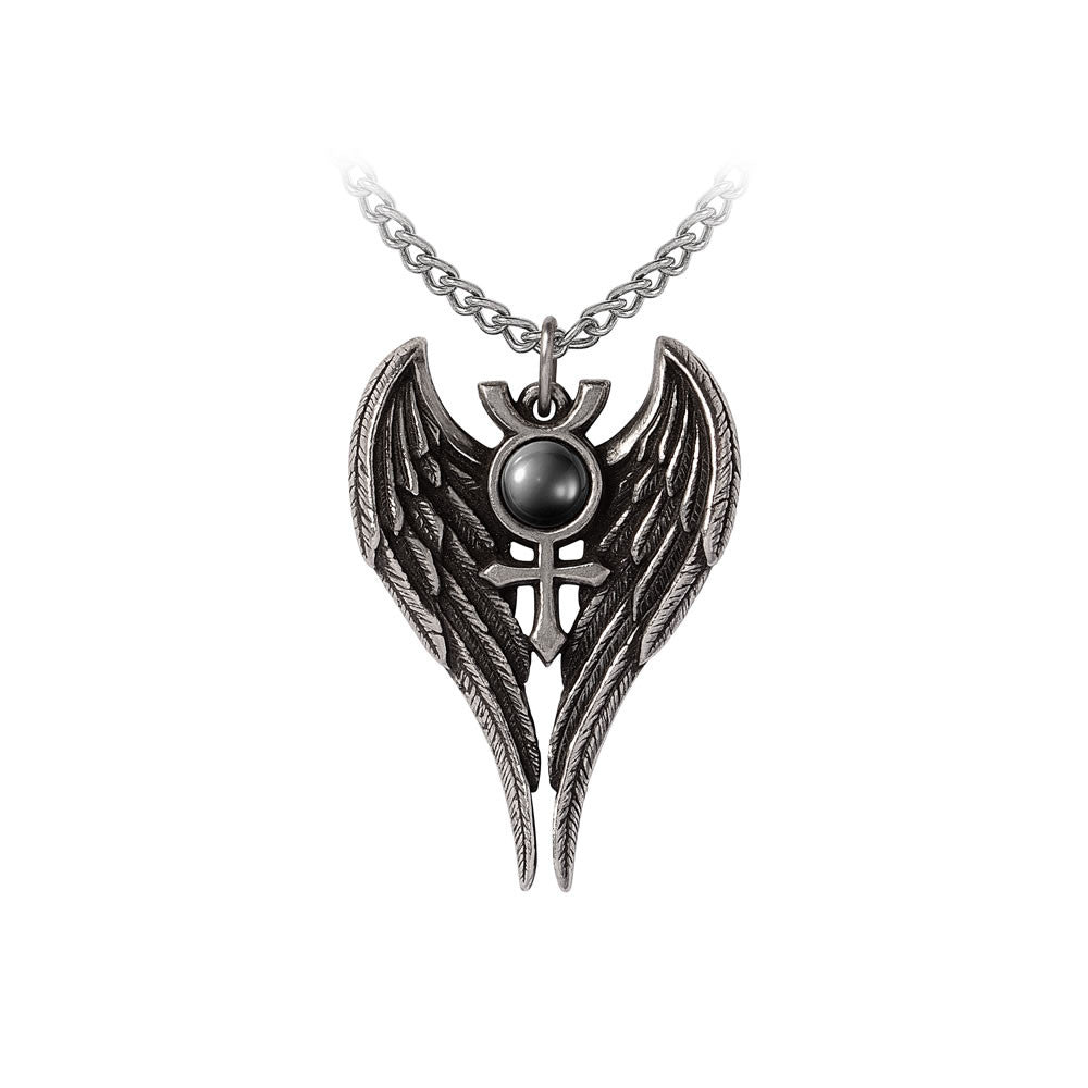 Necklace pendant with angel wings and symbol at the center with black hematite cabachon