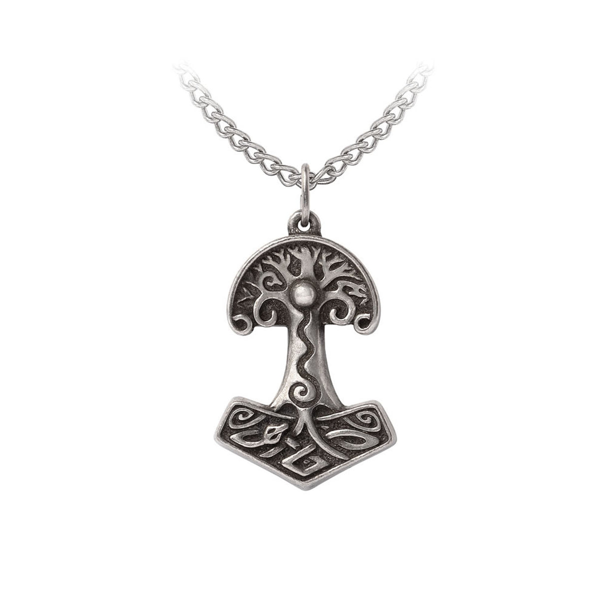 Pewter Thor hammer /Tree of Life pendant on a chain against a white background