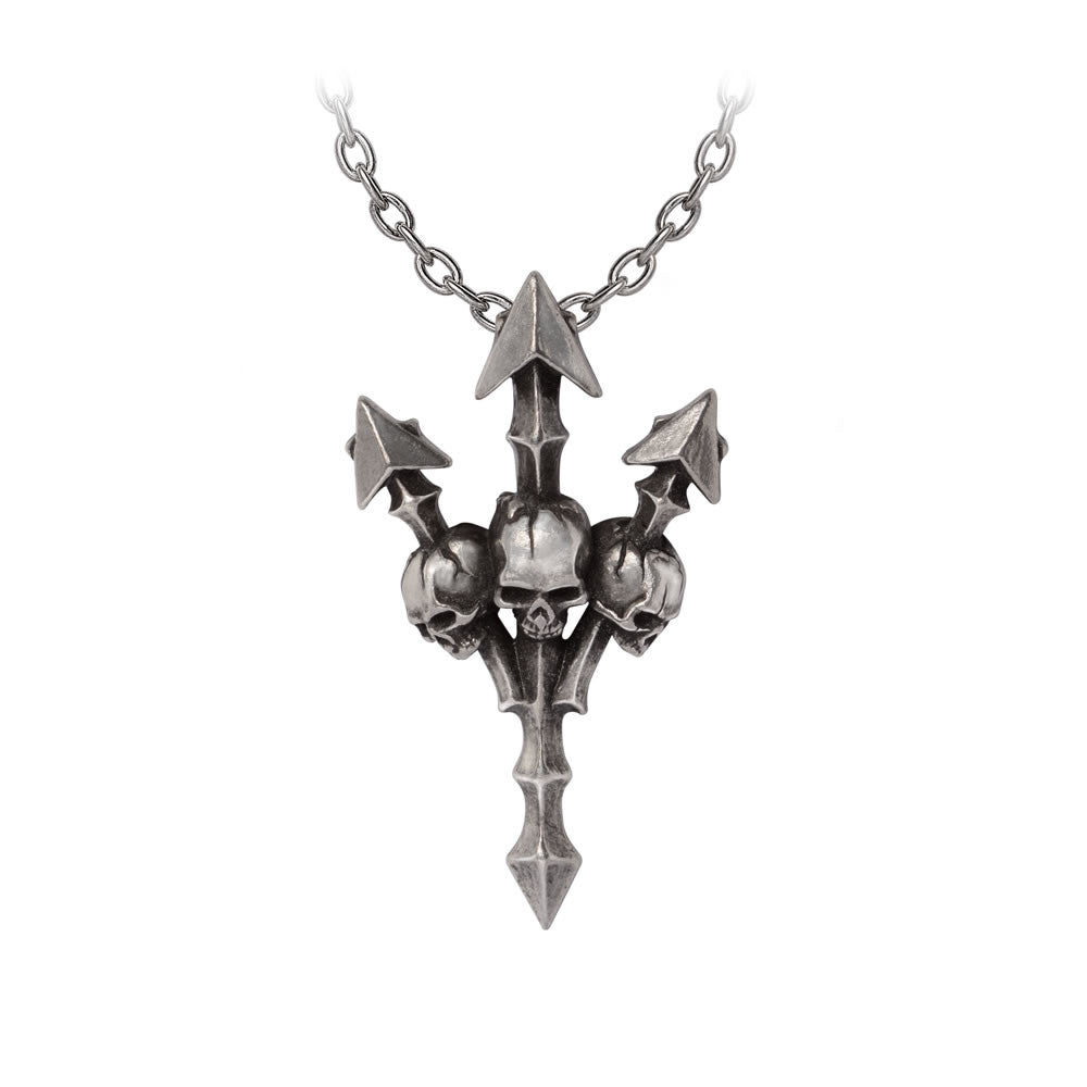 Pewter necklace with pointy trident and three skulls