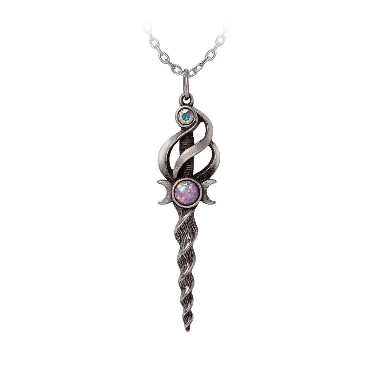 Silver pendant shaped like a unicorn horn sword with jewel accents