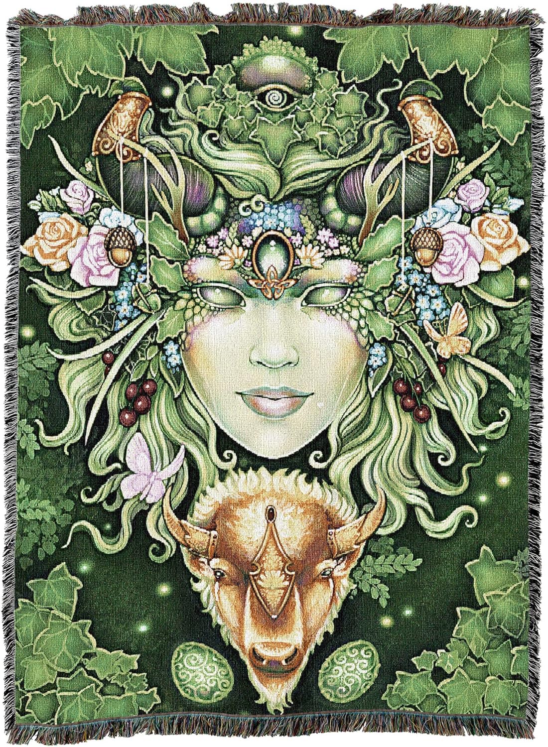 Tapestry blanket, face of Gaia, Greenwoman, with flowers, acorns, butterflies and a bison beneath, surrounded by leaves