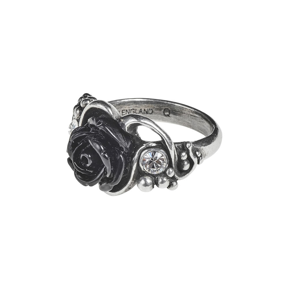 Pewter ring with black rose and Austrian crystals