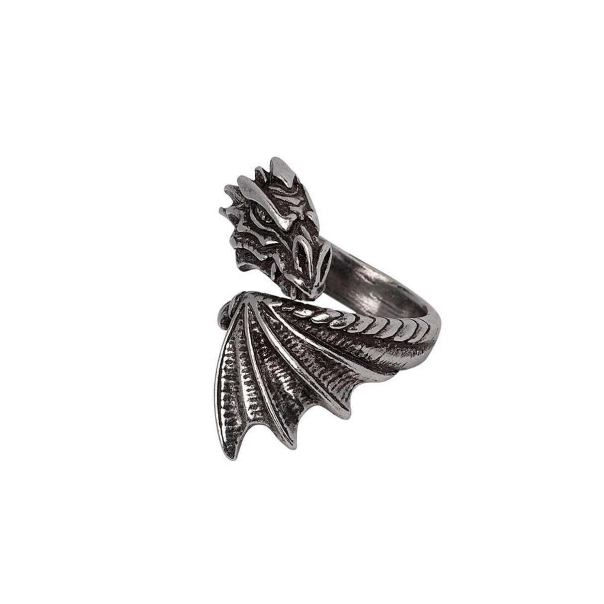 Silver dragon-shaped ring on a white background