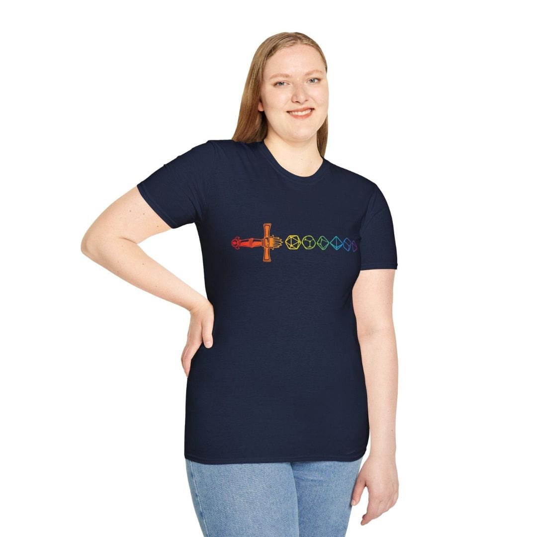 Lady wearing dark blue t-shirt with rainbow dice sword design