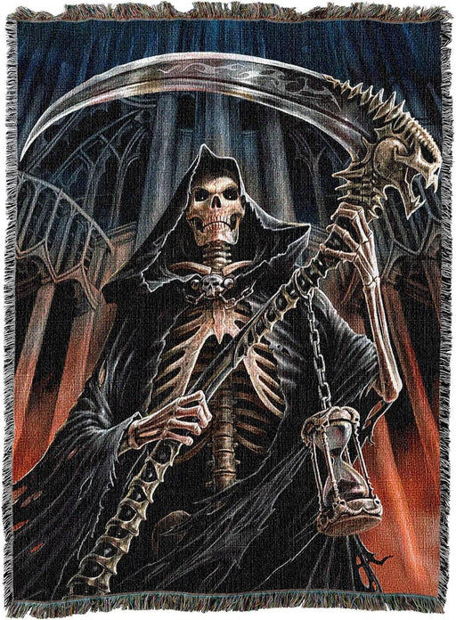 Tapestry with Grim Reaper holding scythe and hourglass. Skeleton in front of Gothic pillars