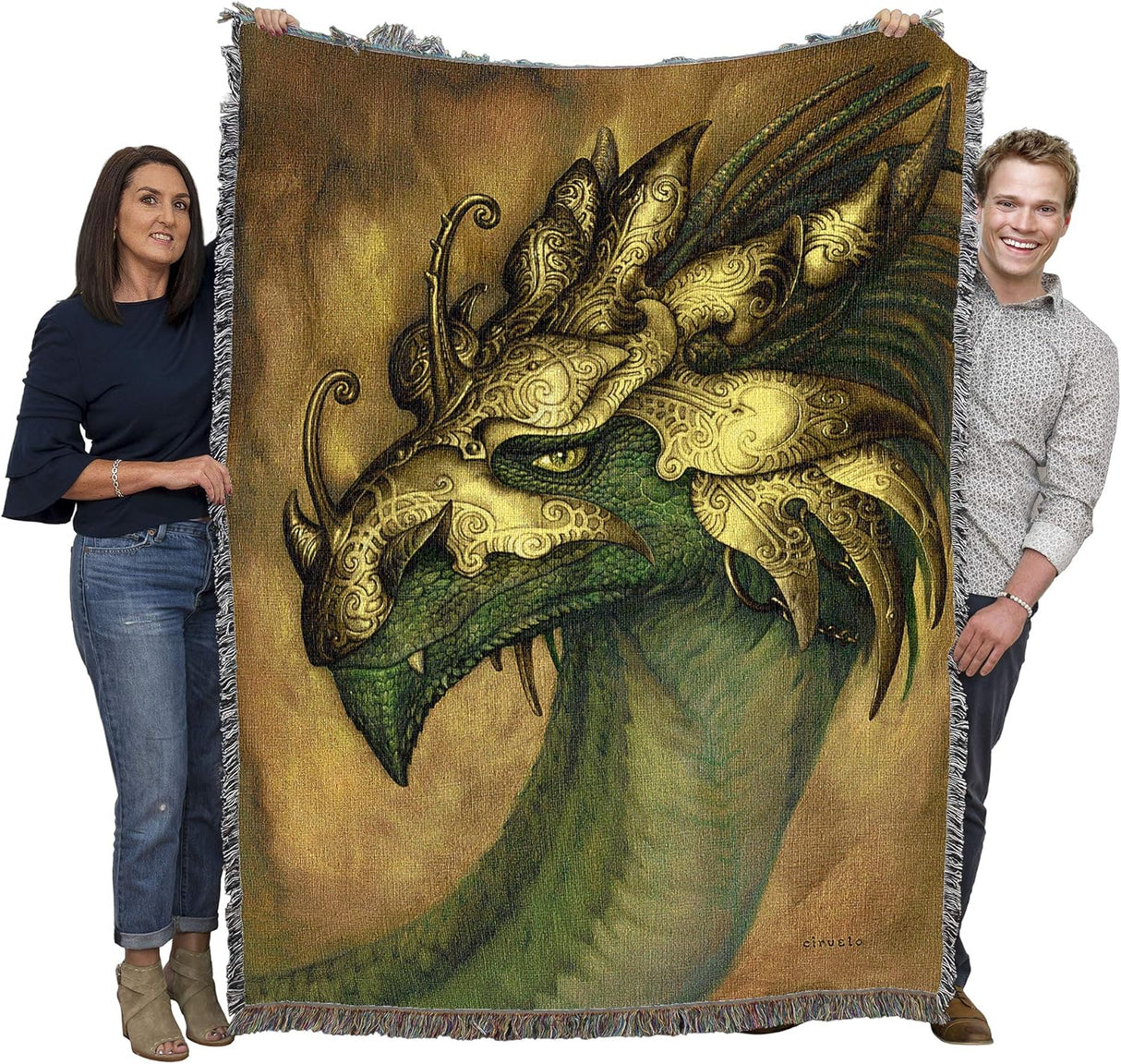 Tapestry blanket of dragon head held by two adults to show large size