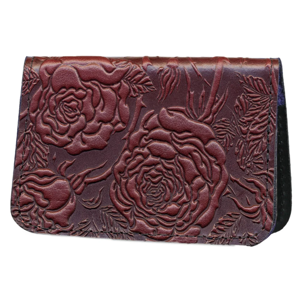 Card holder, leather, with rose design in wine color