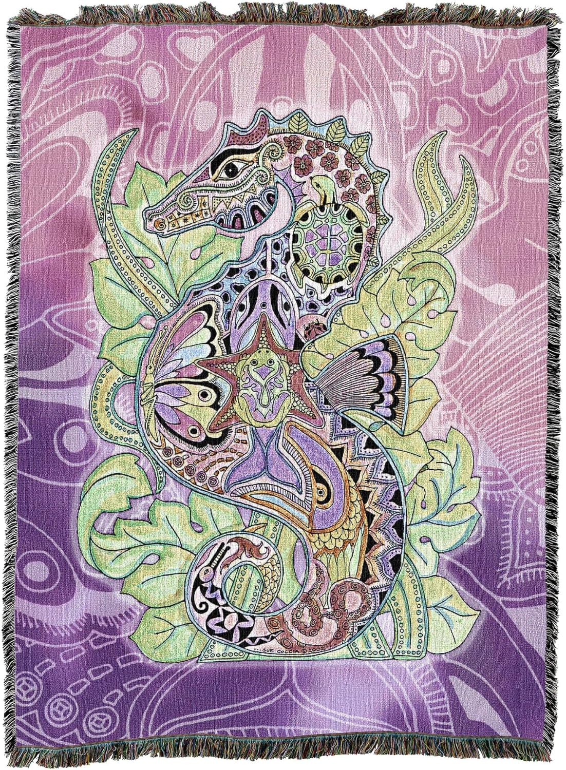 Tapestry blanket featuring a colorful Seahorse design with other animals on a purple background