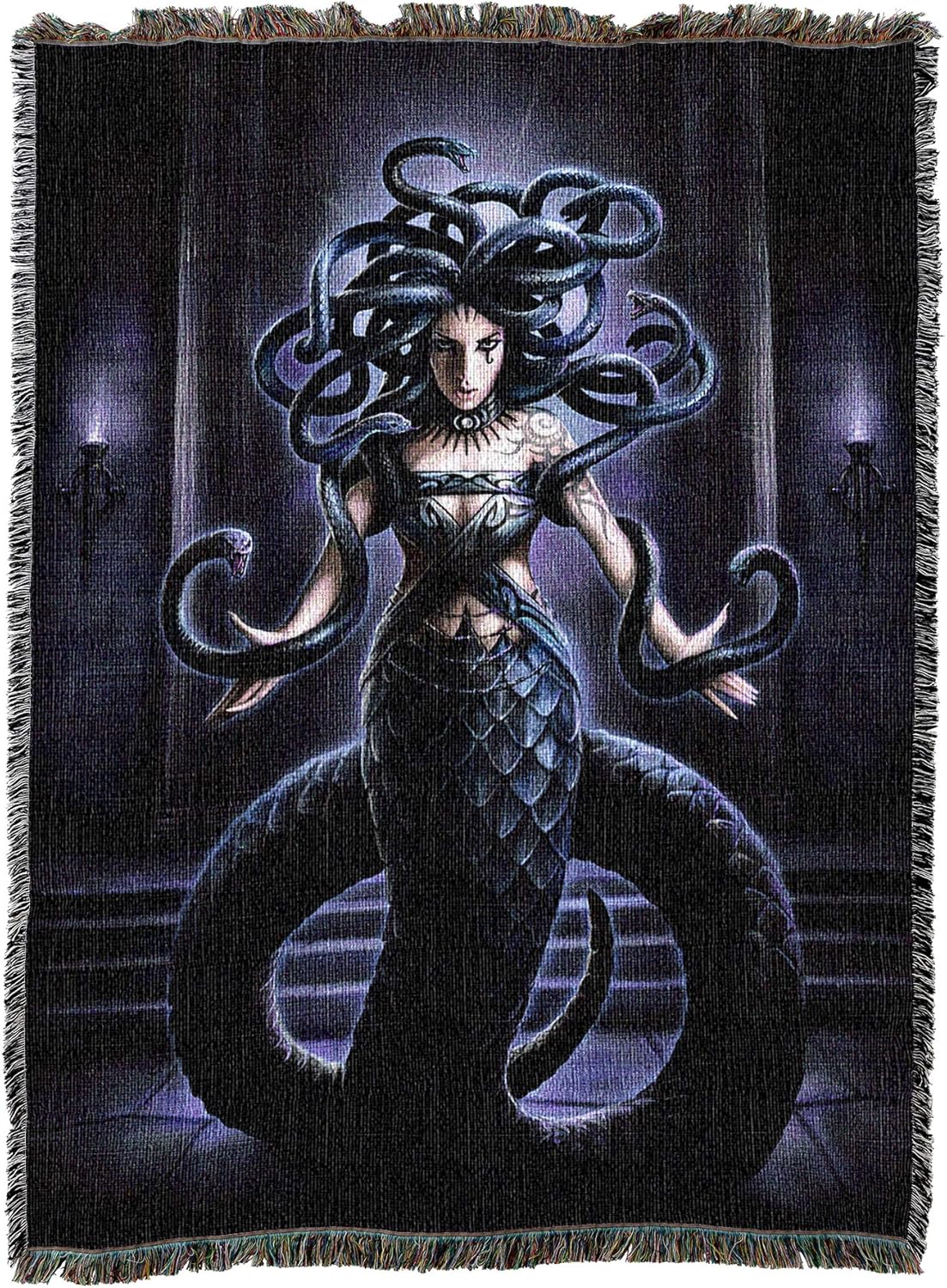 Tapestry blanket, art by Anne Stokes, Medusa with snake hair and tail, advancing forward
