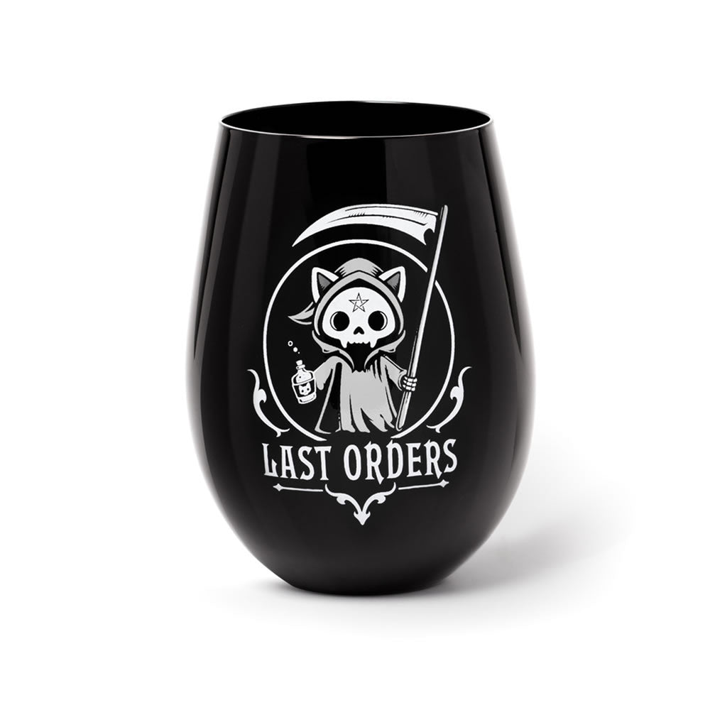 Stemless wineglass with skeleton cat grim reaper and "Last Orders" text