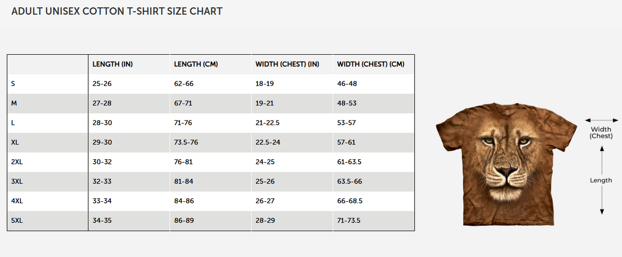 Size chart for adult unisex cotton t-shirt