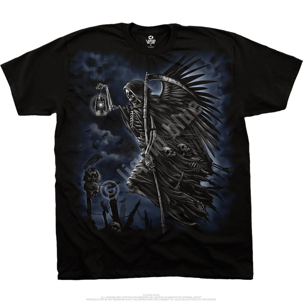 Black t-shirt with Grim Reaper, winged with scythe and skeletons, holding lantern, crows in background